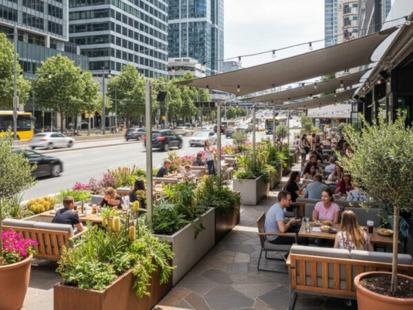 Planters reducing traffic noise in a public plaza setting.