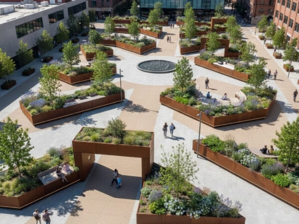 Large planters strategically defining circulation across a public space.
