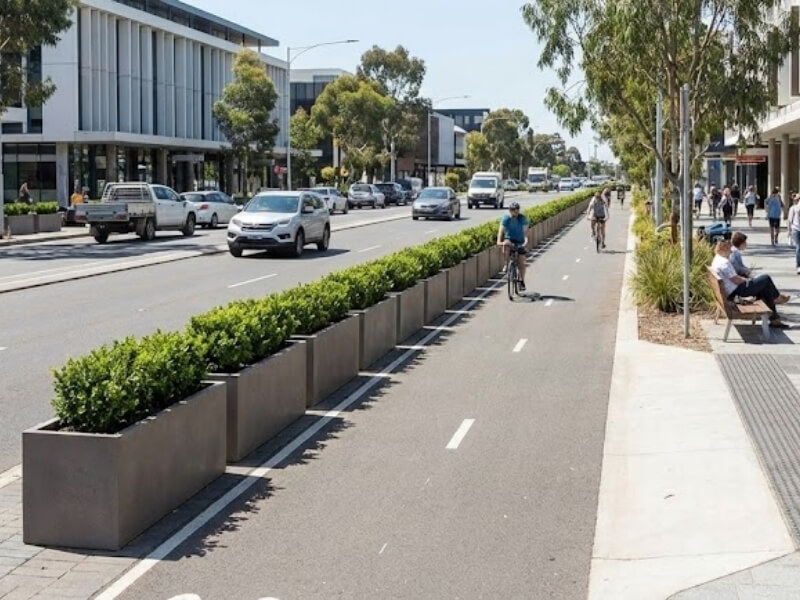 Acoustic planters separating traffic from pedestrian areas.