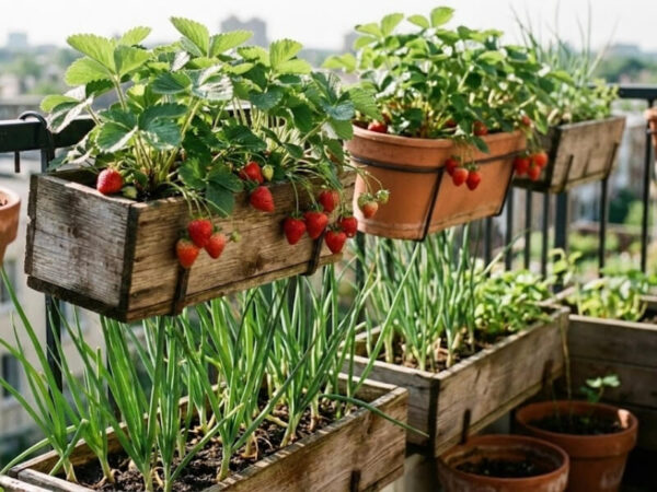 Strawberries and spring onions growing in small pots