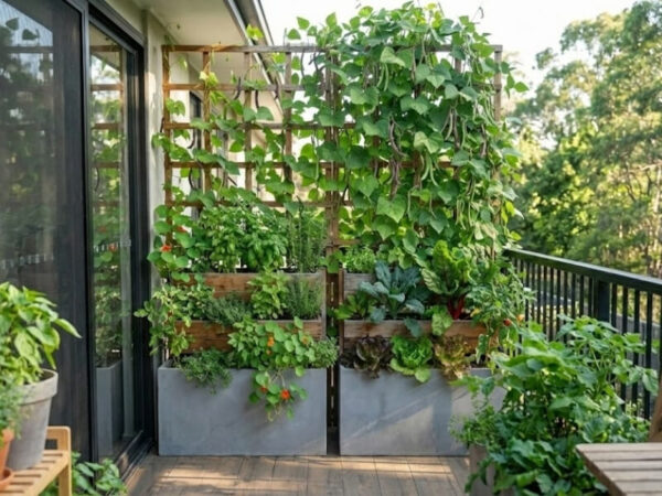 Vertical balcony garden with climbing edible plants