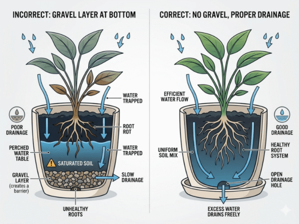 Comparison of planter drainage with and without gravel showing perched water table effect.