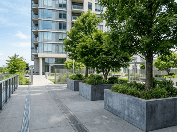 Large planters with trees installed on a commercial podium deck with drainage system.
