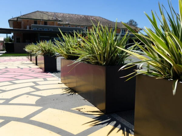 Modern fibreglass planters with trees in a premium outdoor setting.