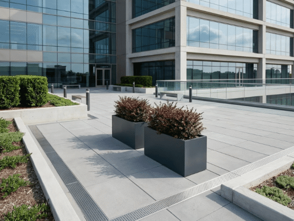 Large planters installed on a waterproofed commercial podium deck with drainage system.