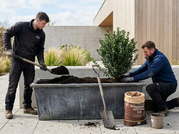 large planter being filled with soil and planted during installation