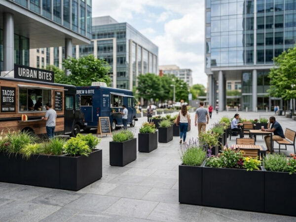 Modular rectangular planter boxes defining pedestrian areas during an outdoor urban event activation