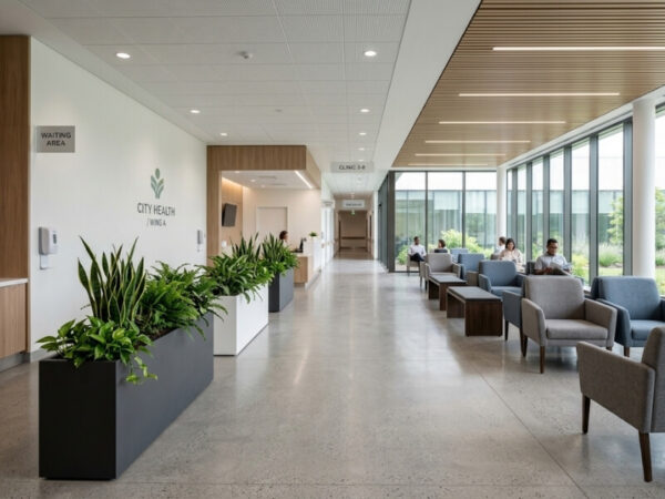 Rectangular planter boxes adding calming greenery to a modern healthcare waiting area