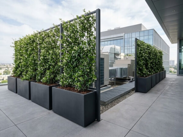 Tall rectangular planter boxes with climbing plants creating a living green privacy screen in a commercial space