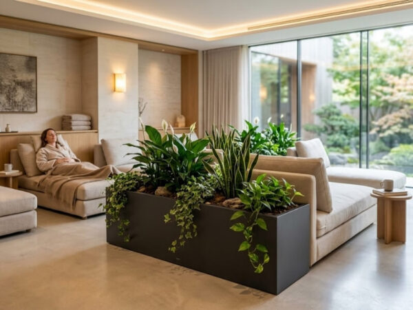 Rectangular planter boxes bringing greenery into a contemporary wellness spa interior