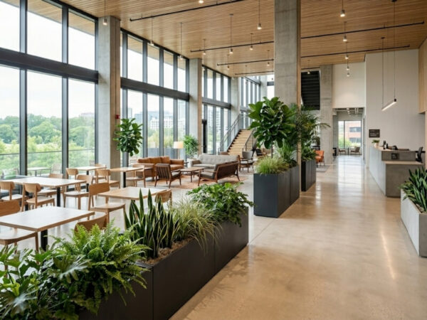 Rectangular planter boxes dividing functional zones within an open-plan commercial interior