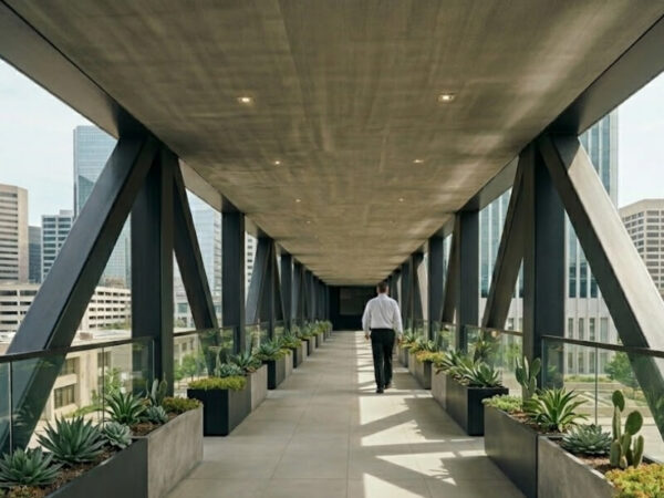 Rectangular planter boxes creating a green corridor along an elevated commercial skybridge