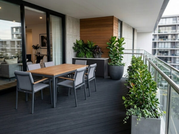 Modern apartment balcony with rectangular trough planters creating greenery and privacy along the railing