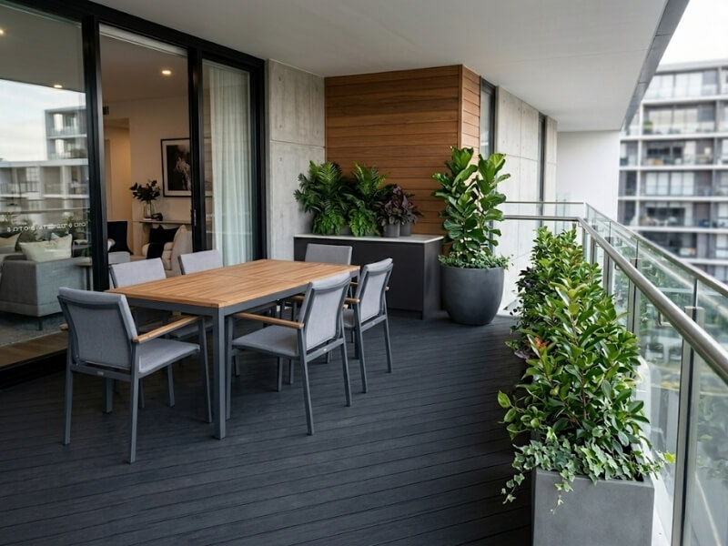 Modern apartment balcony with rectangular trough planters creating greenery and privacy along the railing