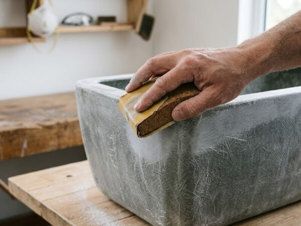 Close-up of sanding a fibreglass planter surface before repainting