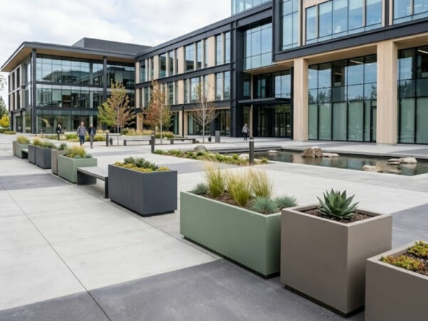 Freshly painted fibreglass planters installed in a modern commercial landscape setting