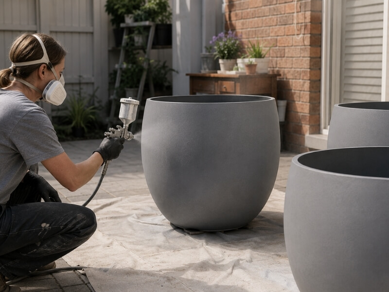 Fibreglass planters being spray painted in a residential environment