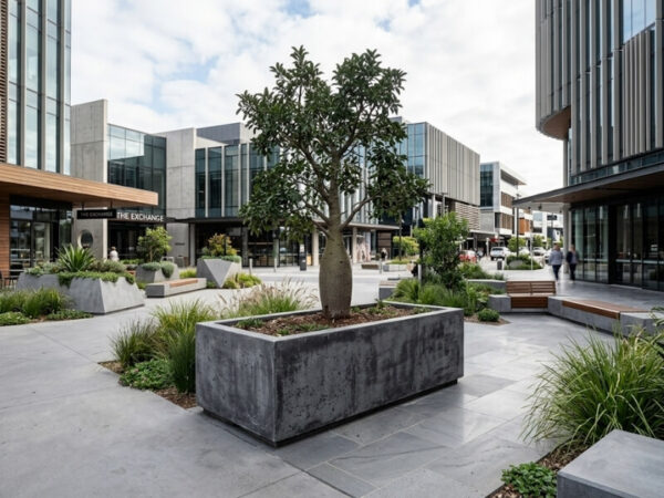 Queensland Bottle Tree in a large rectangular planter creating an architectural focal point