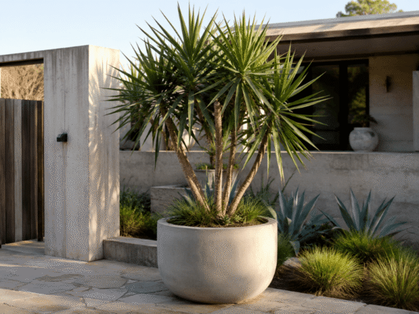 Mature dragon tree creating a sculptural focal point in a contemporary outdoor space