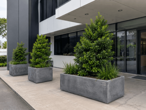Evergreen trees in large planters creating year-round greenery outside a commercial building