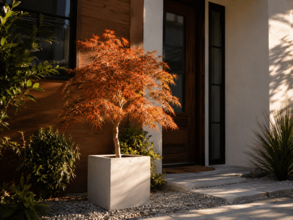 Japanese maple receiving morning sunlight in front of a residential house.