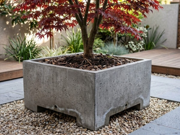 Japanese maple planted in a large architectural planter with raised feet and drainage holes
