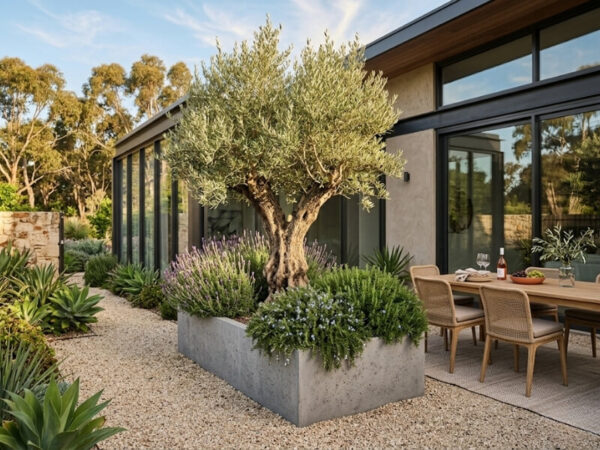 Mature olive tree in a large planter creating a Mediterranean-inspired outdoor space