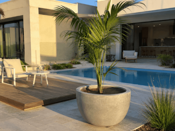 Mature Kentia Palm growing in a large architectural planter around a contemporary swimming pool