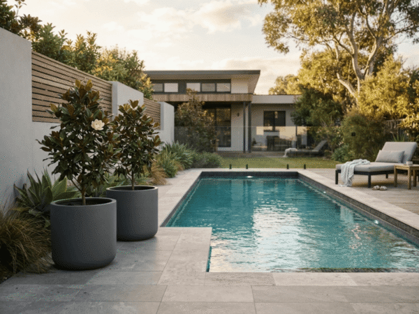 Low-litter trees in large planters creating a resort-style poolside landscape
