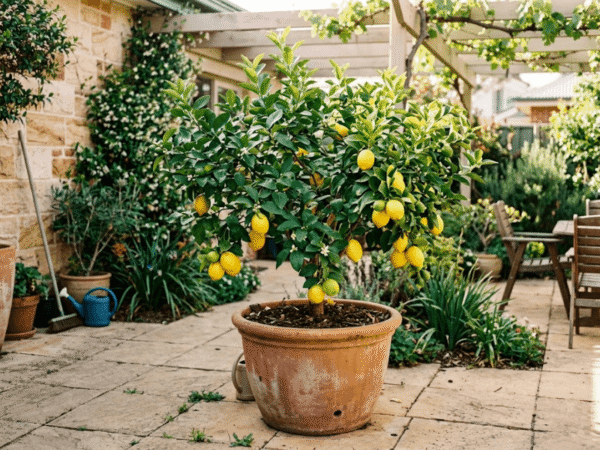 Citrus standard tree growing in a large planter on a sunny patio