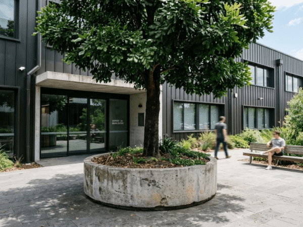 Tuckeroo tree growing in a large planter outside a commercial building