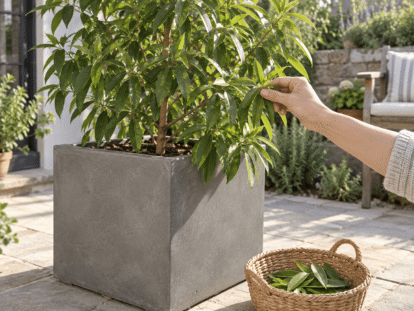 Square concrete planter box with a fresh lemon myrtle bush and harvested aromatic leaves in a woven basket.