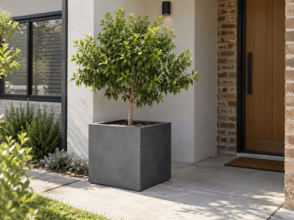 Modern charcoal square cube planter box featuring a potted lemon myrtle tree at a residential front entrance.