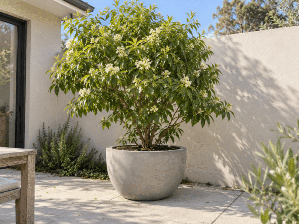 Round GRC bowl planter with a blooming lemon myrtle tree (Backhousia citriodora) on an outdoor courtyard patio.