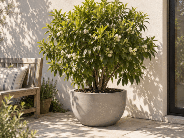Smooth concrete bowl planter featuring a blooming lemon myrtle bush (Backhousia citriodora) on a sun-dappled outdoor courtyard patio.
