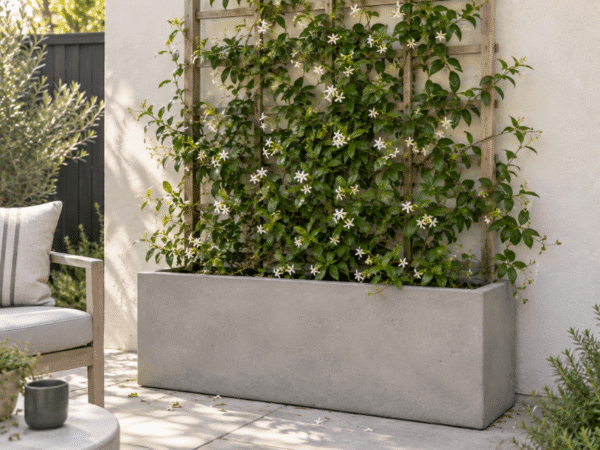 Large concrete rectangular trough planter with star jasmine vines climbing a timber wall trellis in a sunny courtyard.