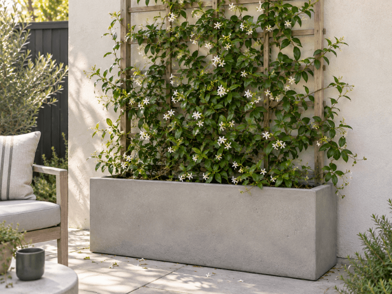 Large concrete rectangular trough planter with star jasmine vines climbing a timber wall trellis in a sunny courtyard.