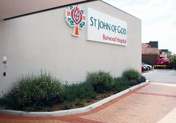 St. John of God Burwood Hospital facade featuring IOTA's fiberglass trough pots