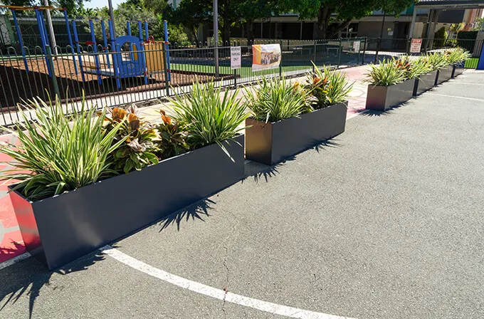 trough planters in parking lot