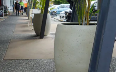 Alaska GRC White Tall Round Bolla Planters at Rochedale Shopping Village in South Brisbane