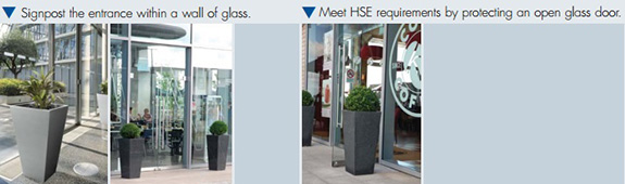 planters lining glass entrance