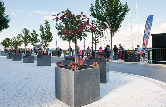 close up look of granite cube planters in derry park